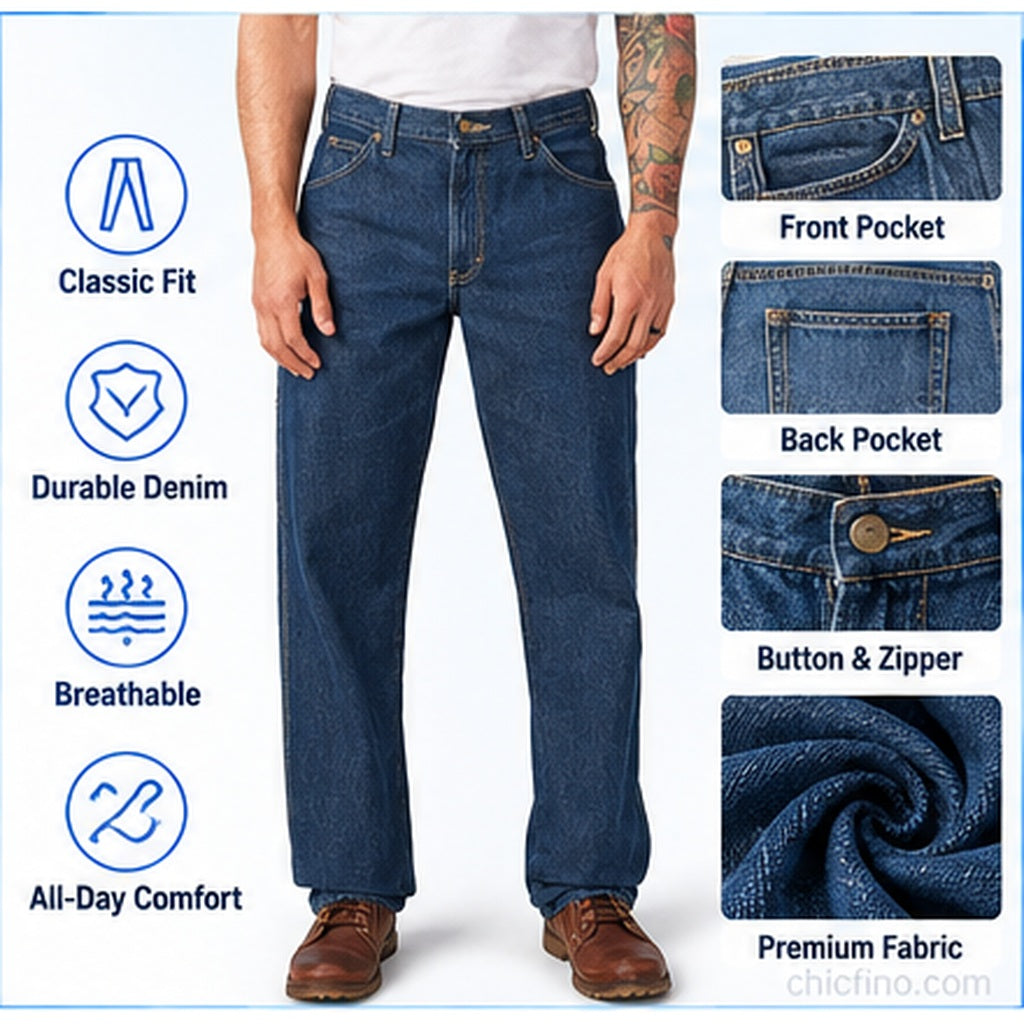 Men's Relaxed Fit Utility Jeans – Straight Leg Denim Work Pants with Functional Pockets