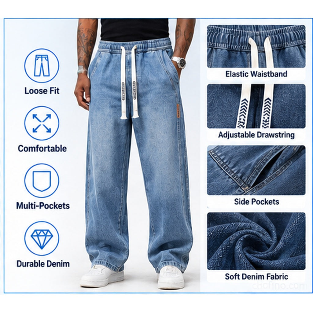 Men's Baggy Denim Drawstring Pants
