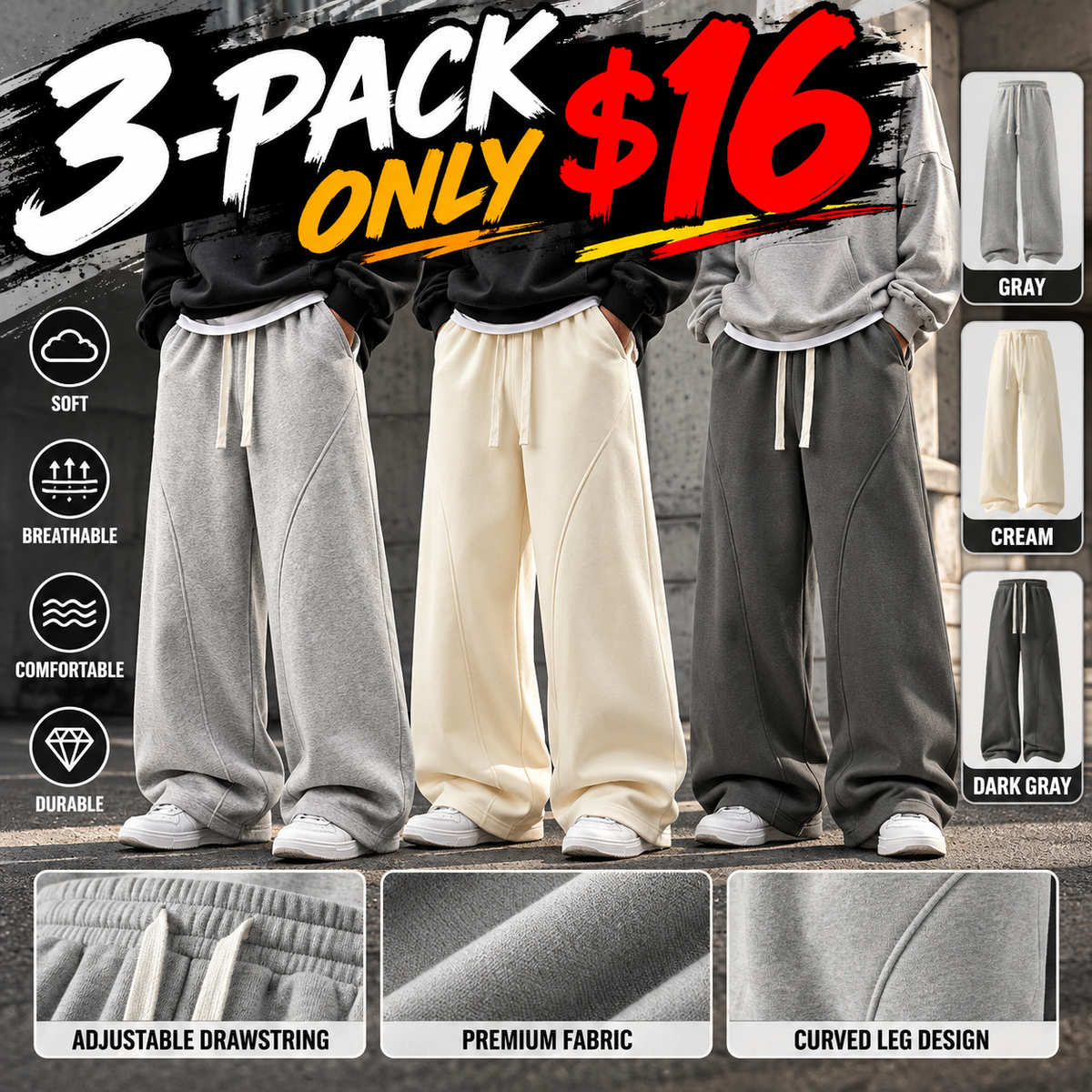 Men's Curved Wide-Leg Drawstring Pants – Relaxed Casual Streetwear Trousers