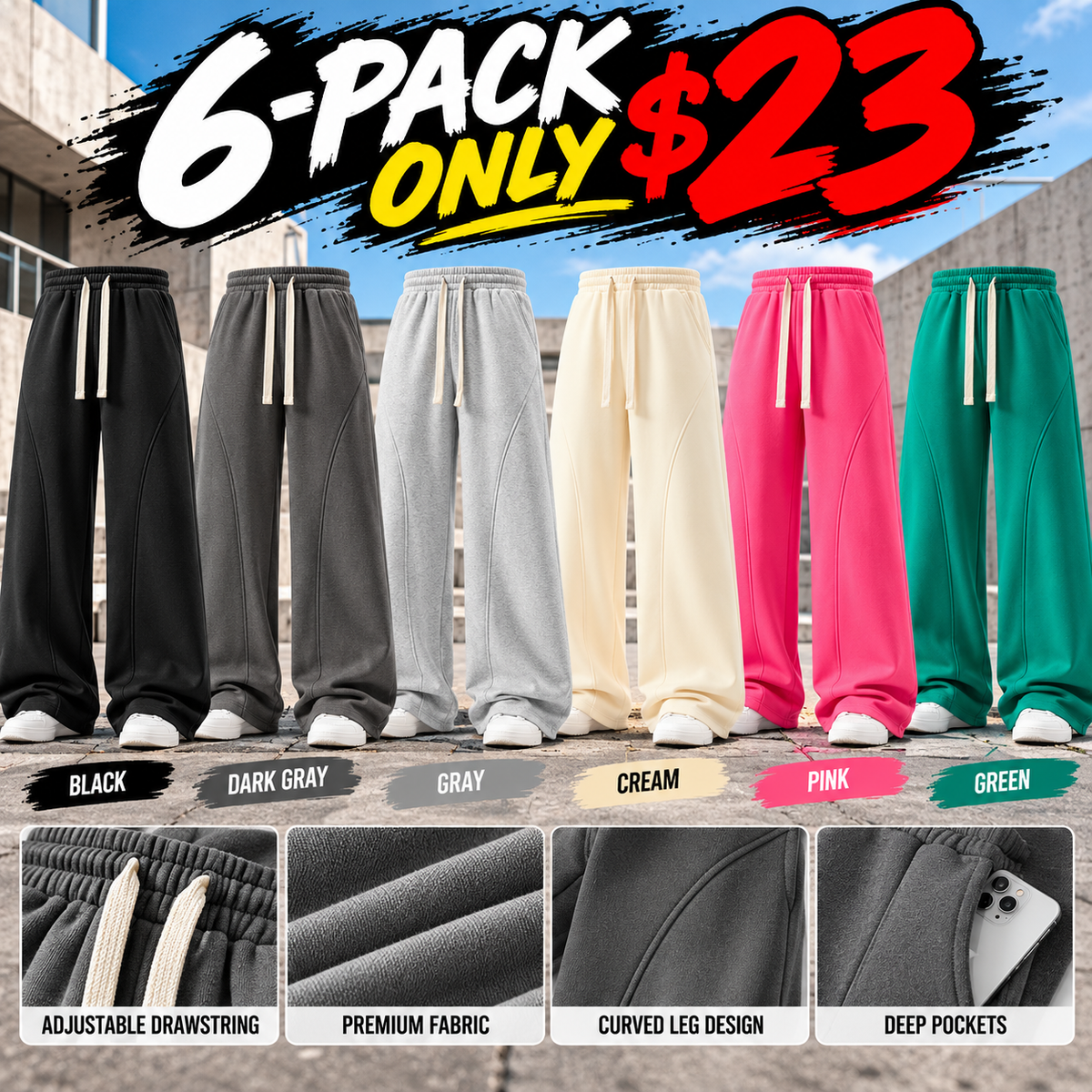 Men's Curved Wide-Leg Drawstring Pants – Relaxed Casual Streetwear Trousers