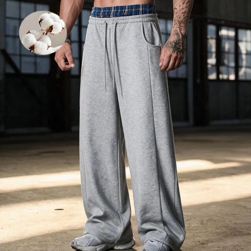 Men's Plaid Panel Wide-Leg Sweatpants