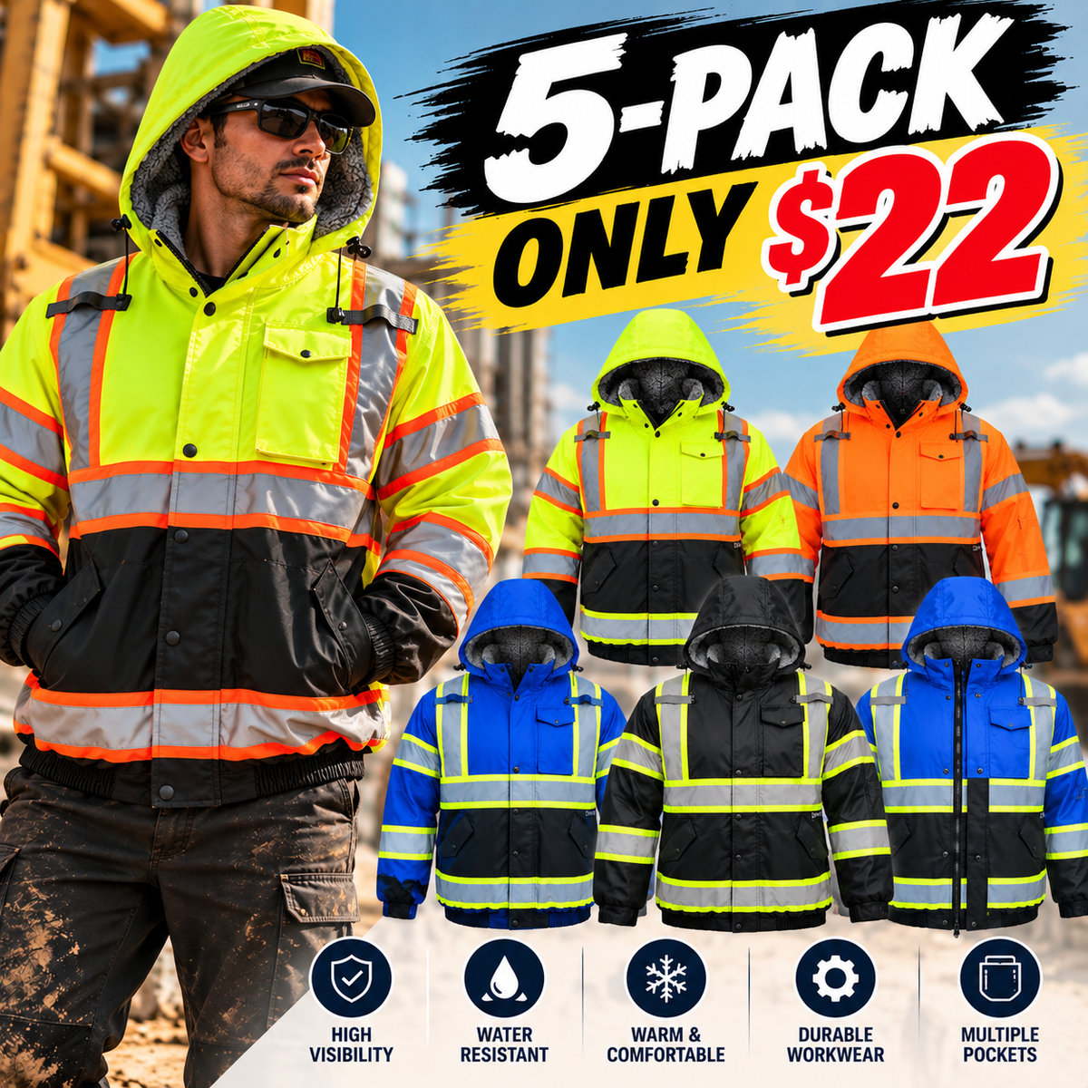 Men's Hi-Vis Reflective Fleece-Lined Work Jacket