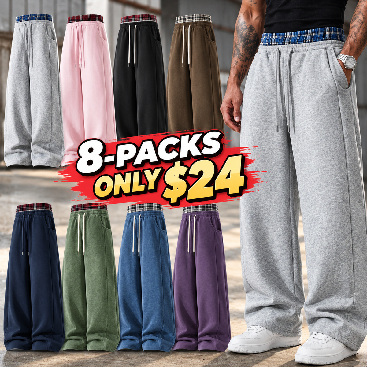Men's Plaid Panel Wide-Leg Sweatpants